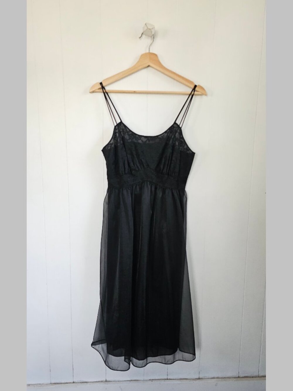 VANITY FAIR Black Midi Slip Dress with Sheer Overlay